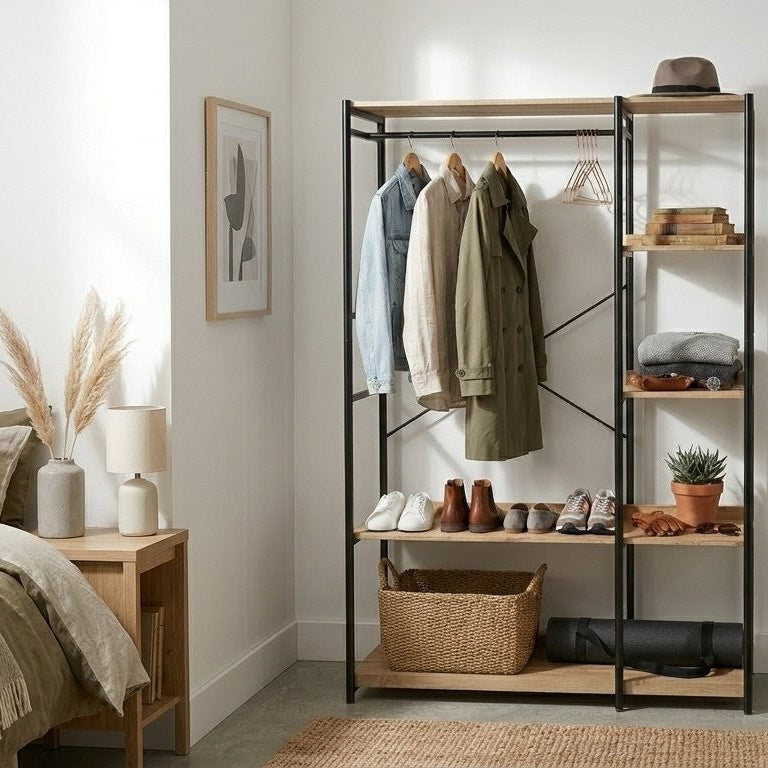 Zynix Light Oak Garment Rack with 4 Shelves