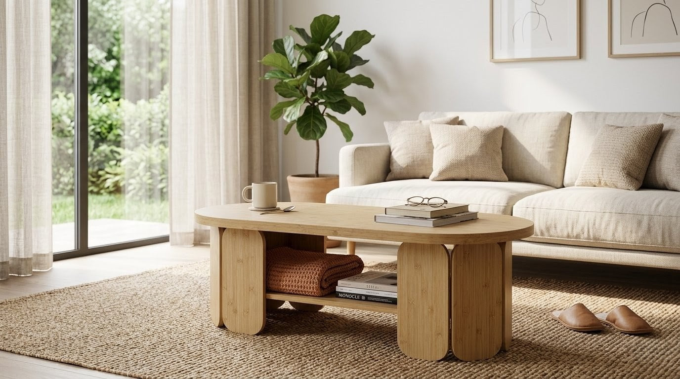 Modern living room with a wooden coffee table, white sofa, and decorative items.
