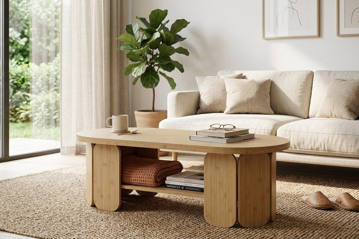 Modern living room with a wooden coffee table, white sofa, and decorative items.