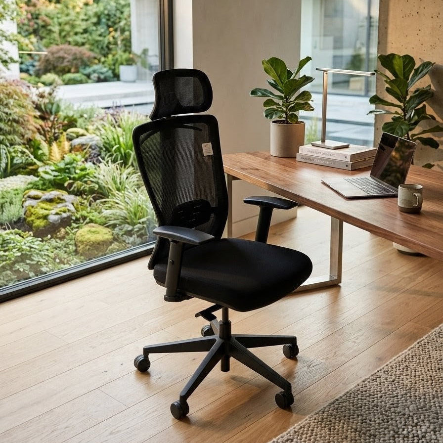 Black office chair in a modern home office with a desk and plants.