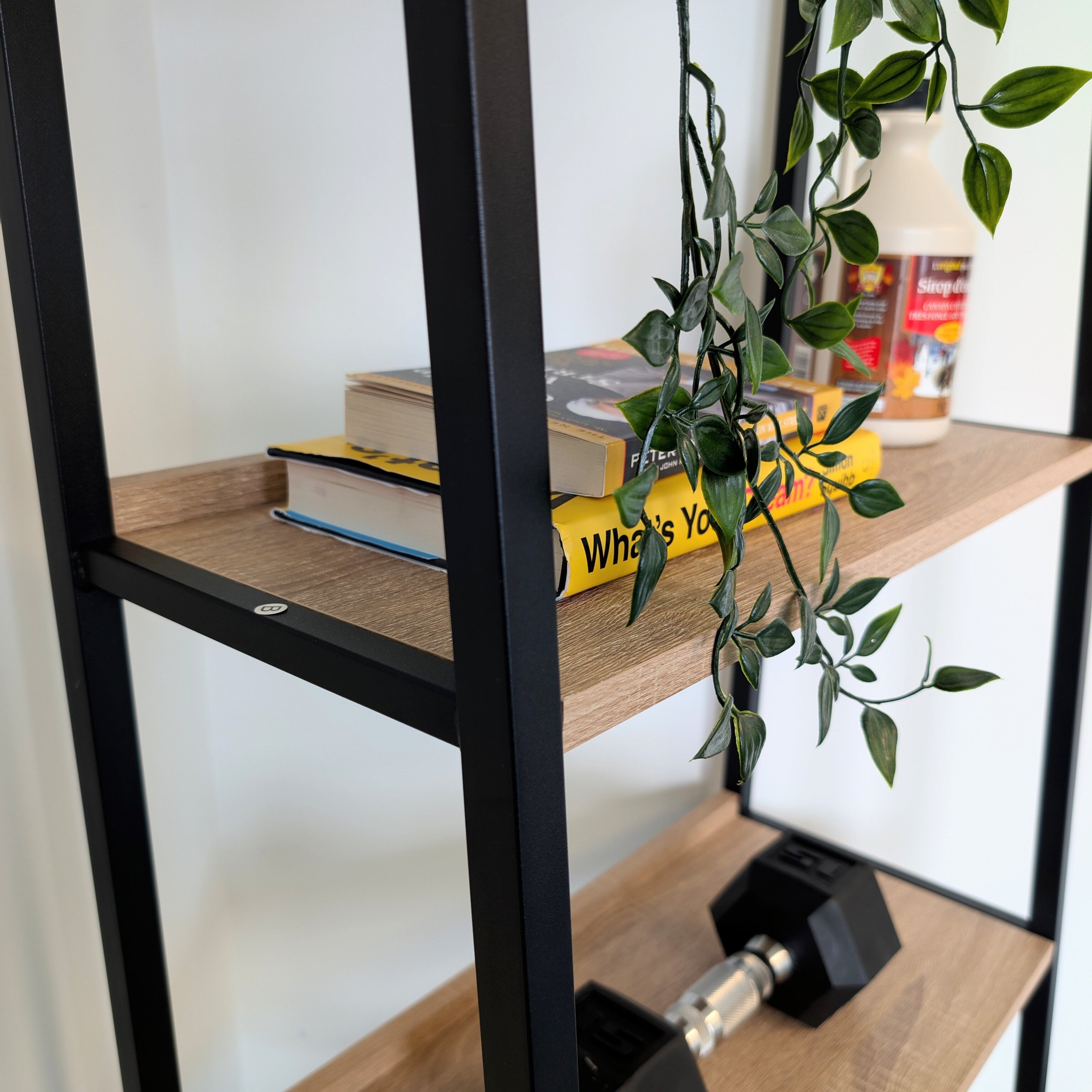 Bookshelf with wooden shelves and black metal frame, holding books and a dumbbell.