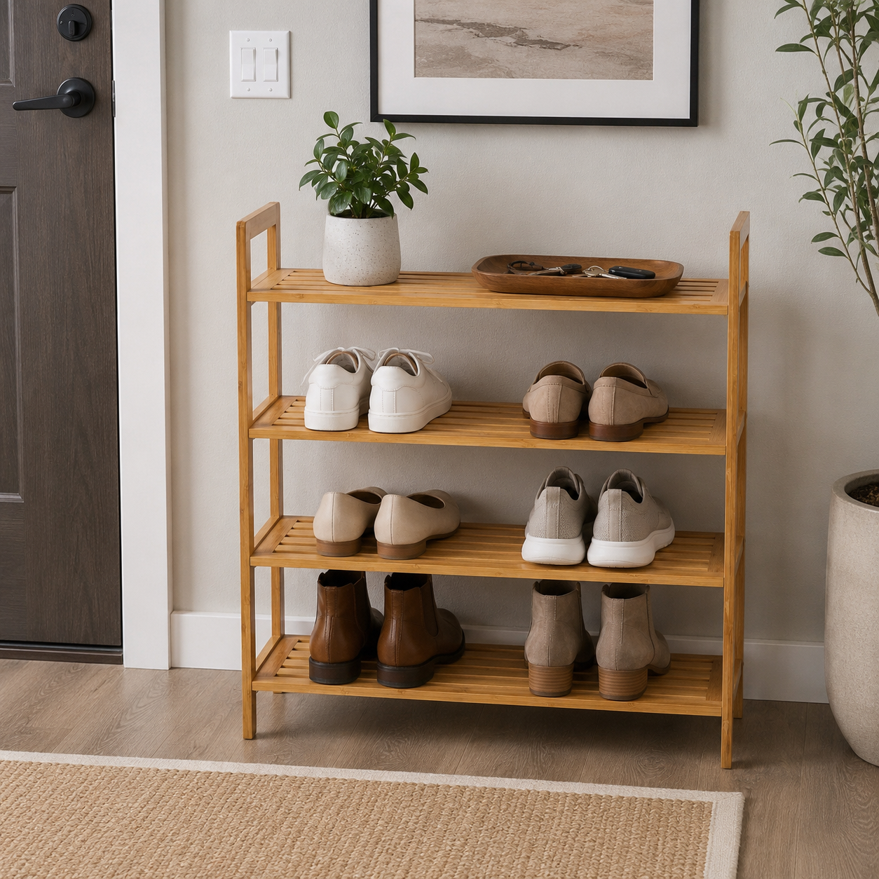 A four-tier wooden shoe rack styled in a home entryway, holding various casual shoes, with a small potted plant and a tray on the top shelf.