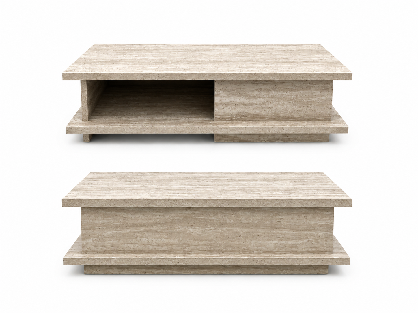 Two wooden tables with a light finish on a white background (front and back view)