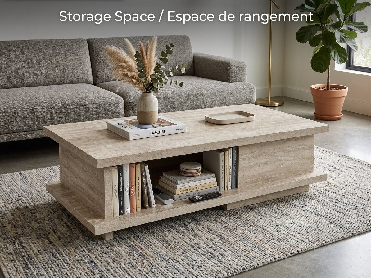 Coffee table with storage compartments in a living room setting
