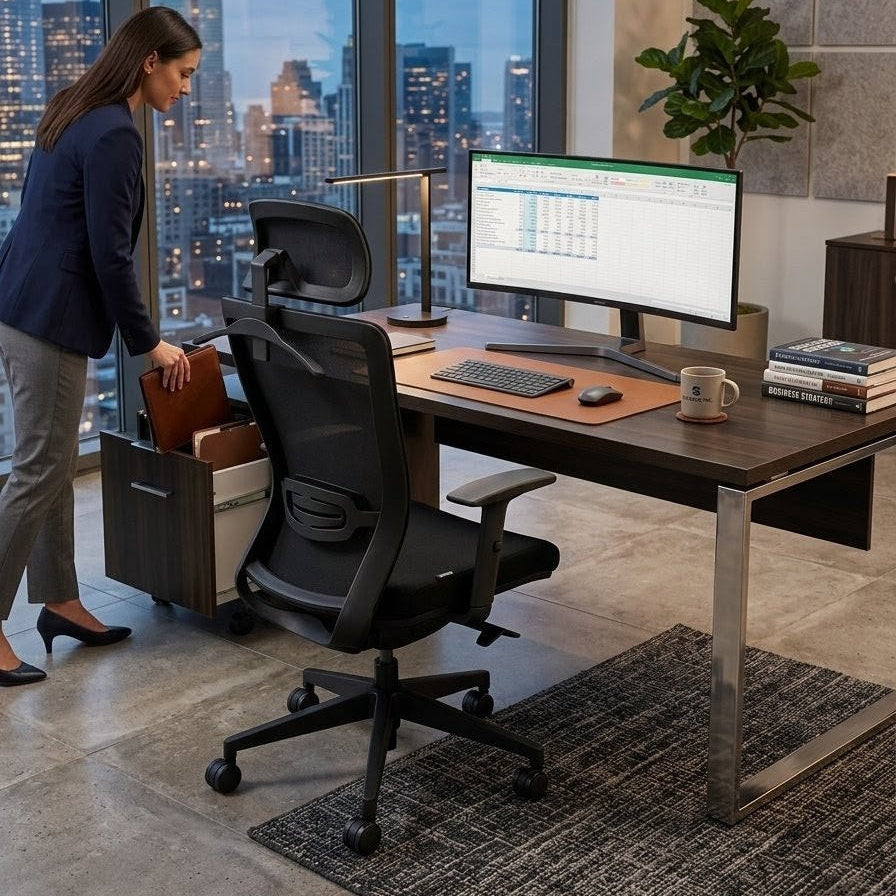 Person organizing items in a desk drawer with a cityscape view from large windows.