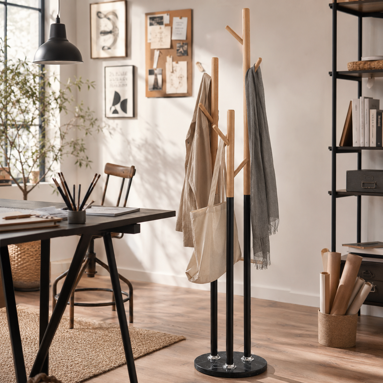 Porte-manteau Zynix sur pied en bois de hêtre avec base en marbre noir