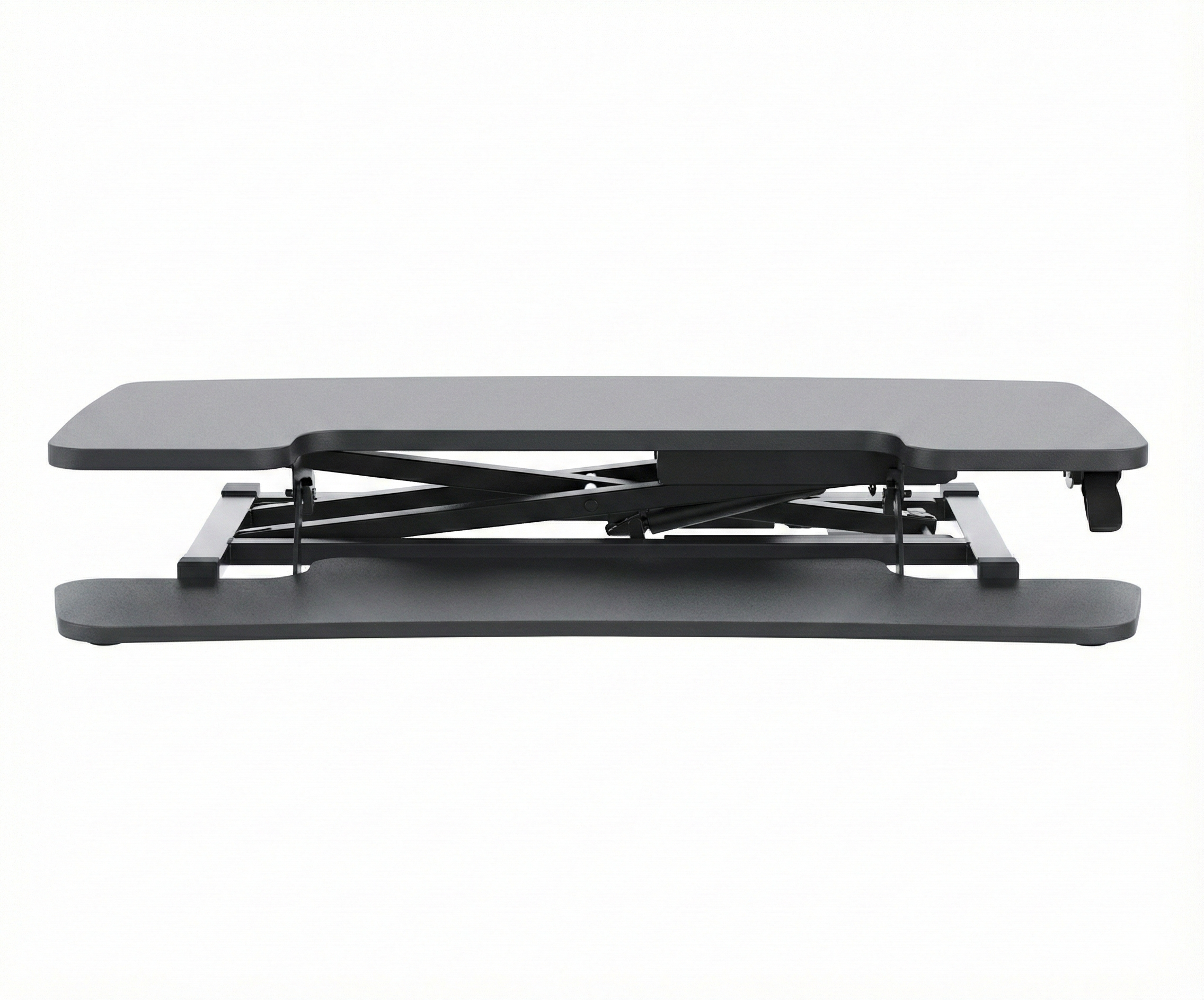 Adjustable standing desk with a black base and gray top on a white background