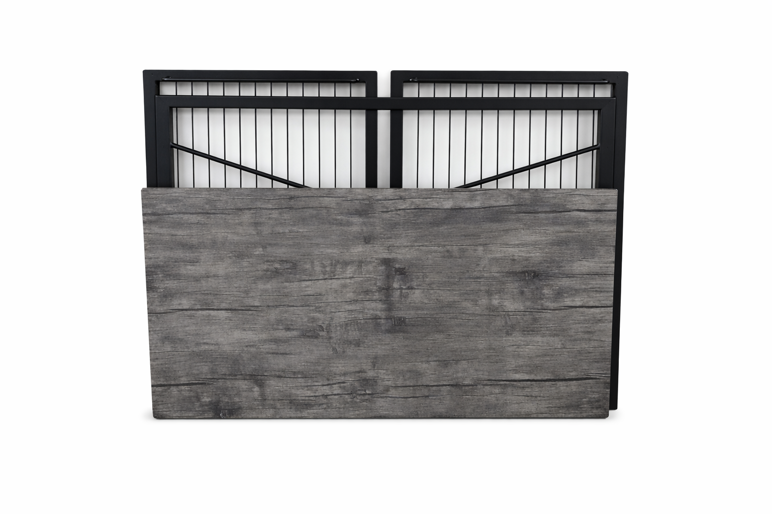 Wooden headboard with metal frame on a white background