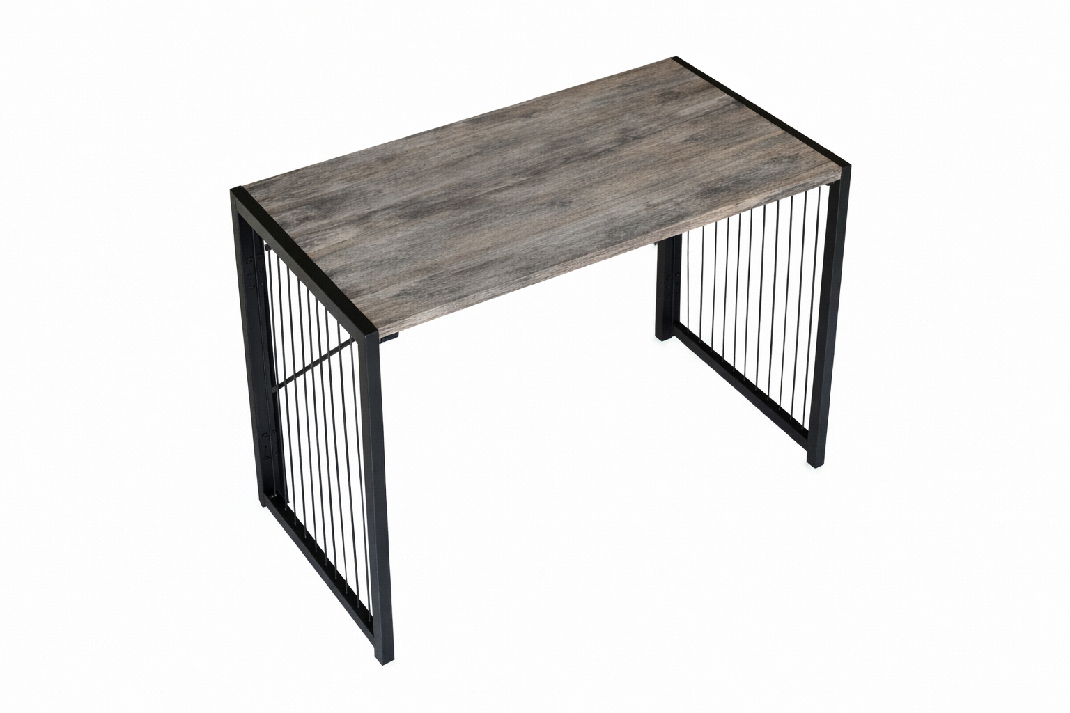 Wooden desk with metal frame on a white background