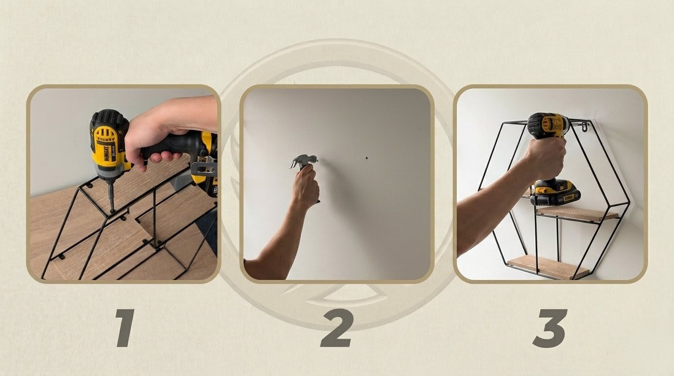 Step-by-step process of assembling a geometric shelf using a drill and screw.