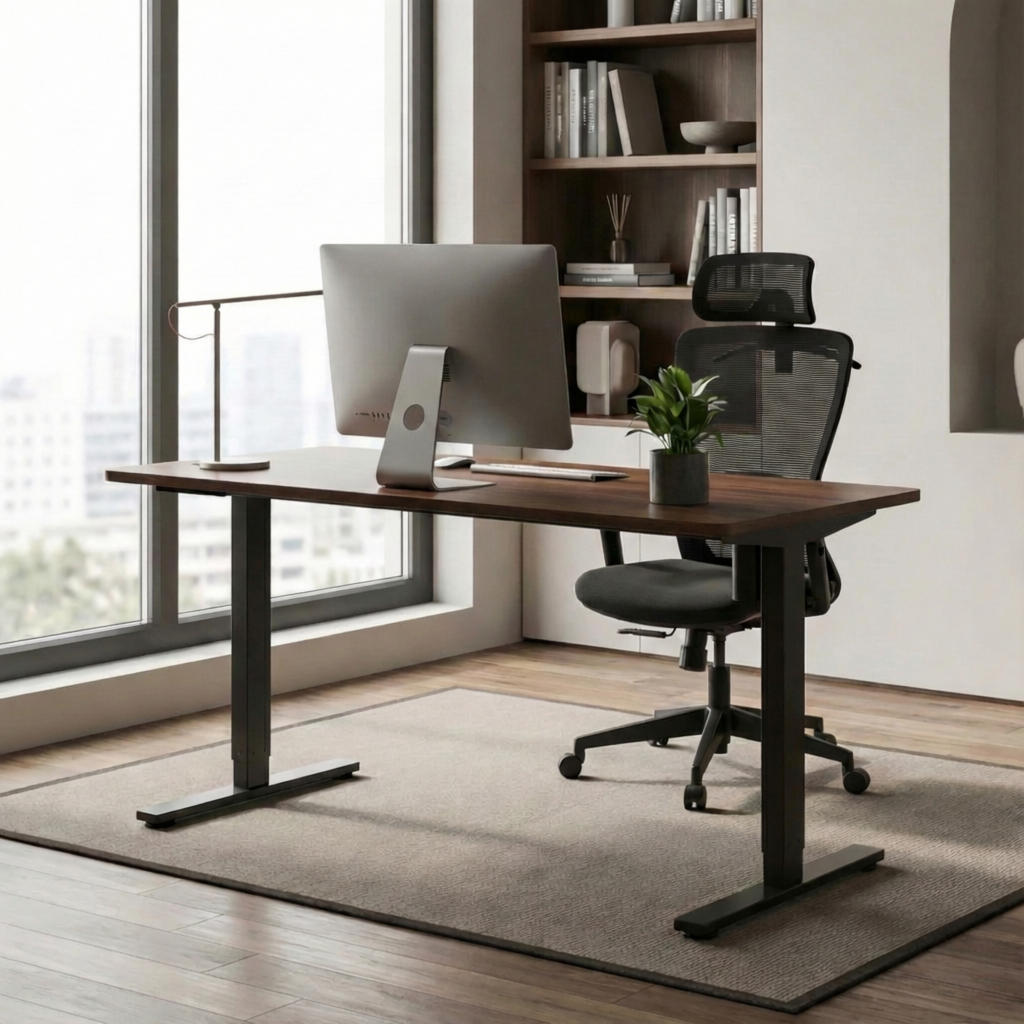 Modern office desk with computer setup in a bright room with large windows.