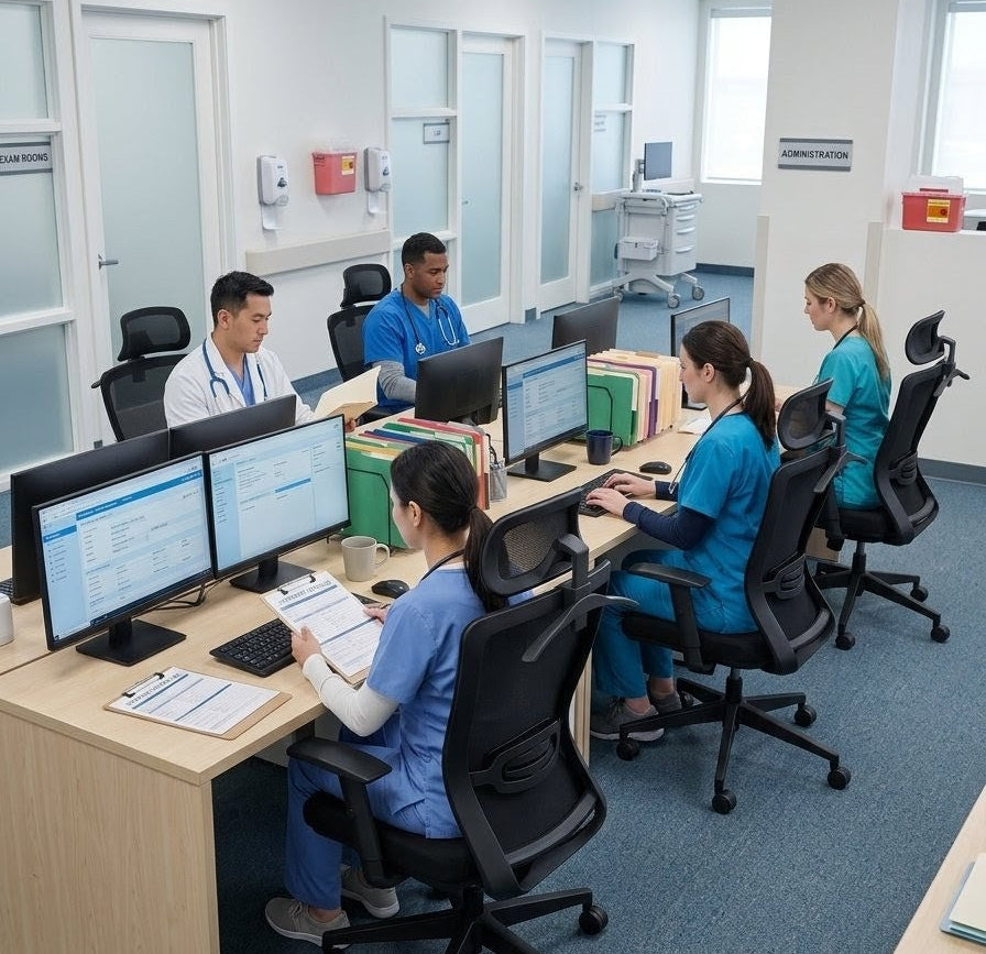 Group of healthcare professionals working in a clinic office with computers and documents.