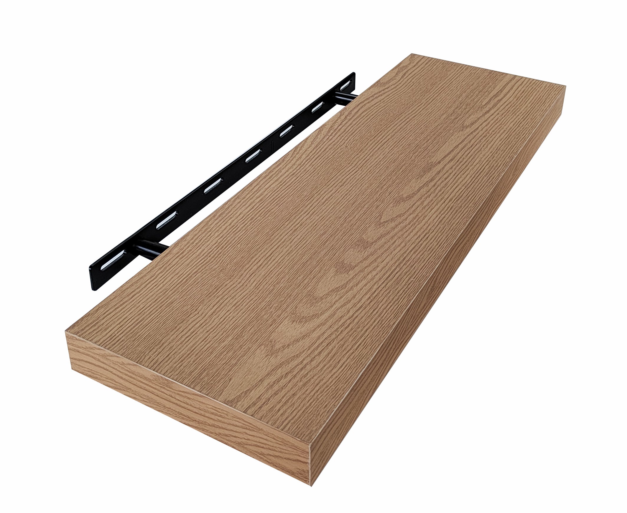 Wooden shelf with black bracket on a white background