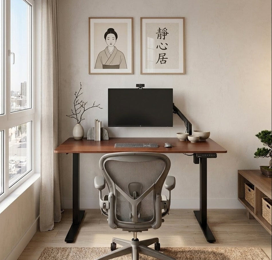 Modern home office with a desk, chair, and framed artwork on a wall.