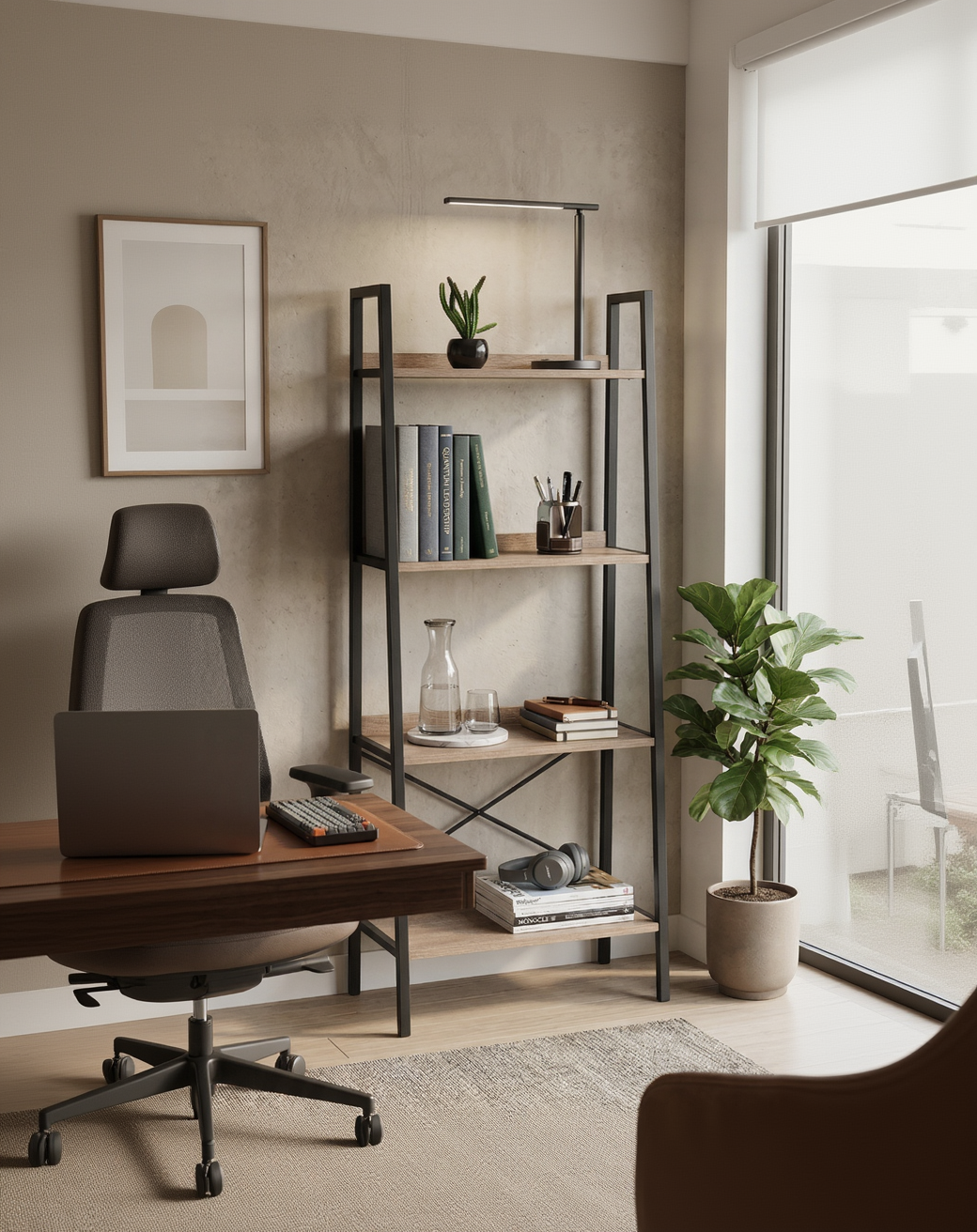 Modern home office with a desk, chair, bookshelf, and large window.