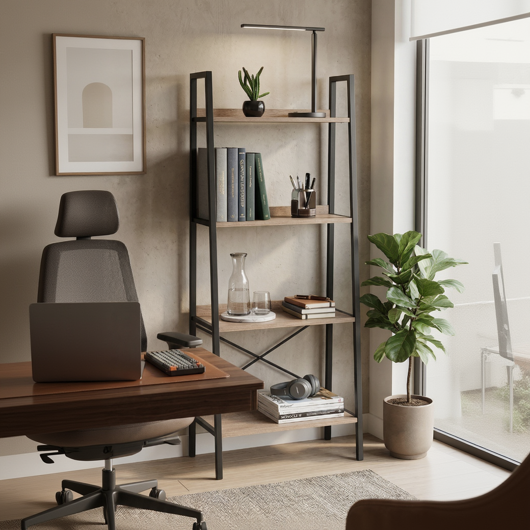 Modern home office with a desk, chair, bookshelf, and large window.