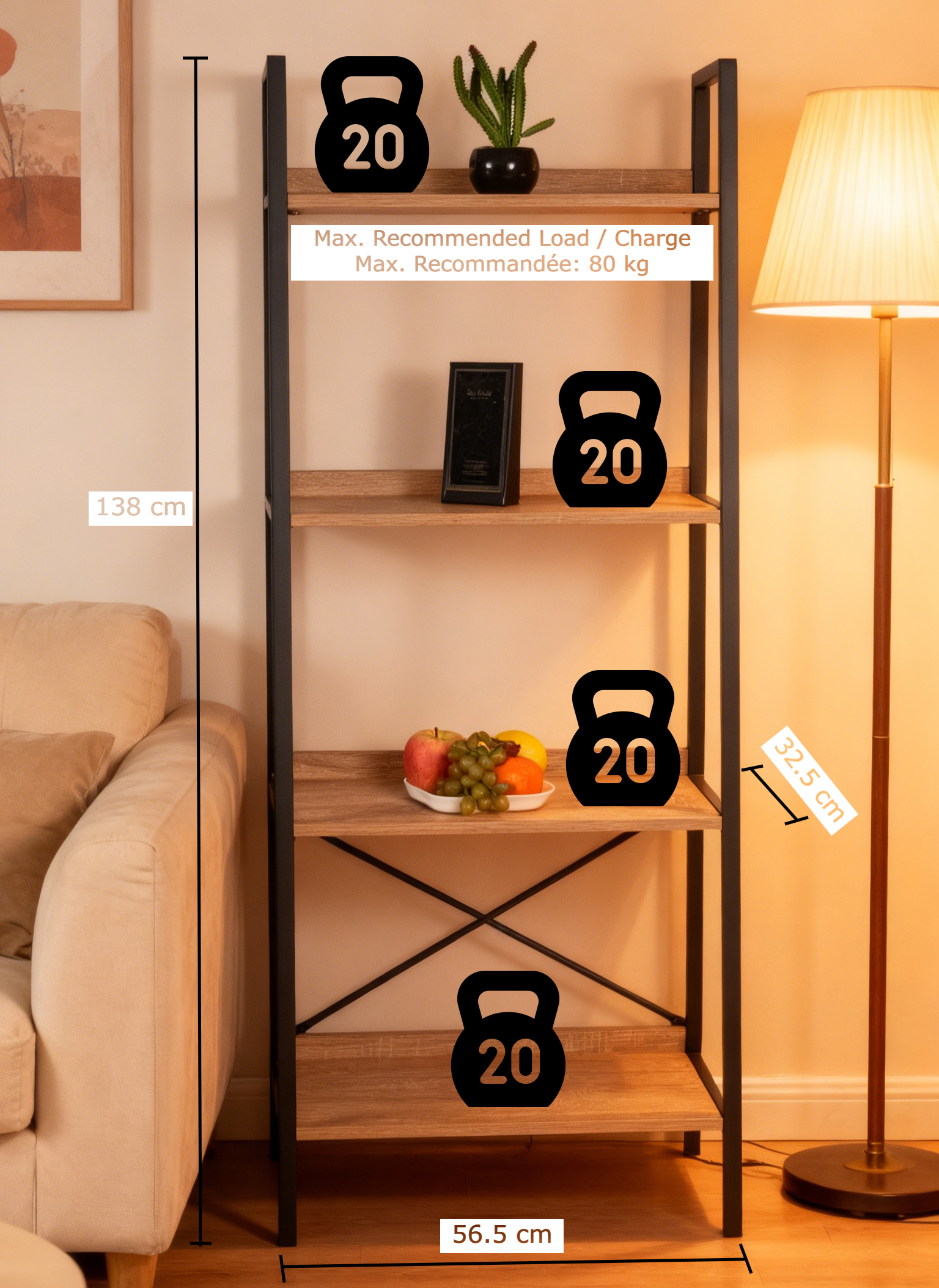 Wooden shelf with metal frame in a living room setting, displaying dimensions and weight capacity.