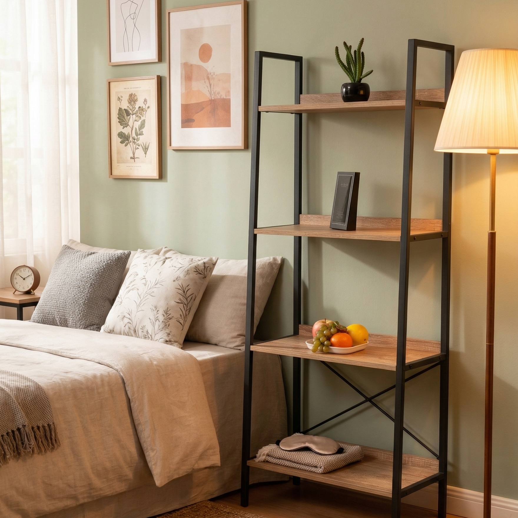 Nestled corner of a bedroom with a bed, bookshelf, and lamp.
