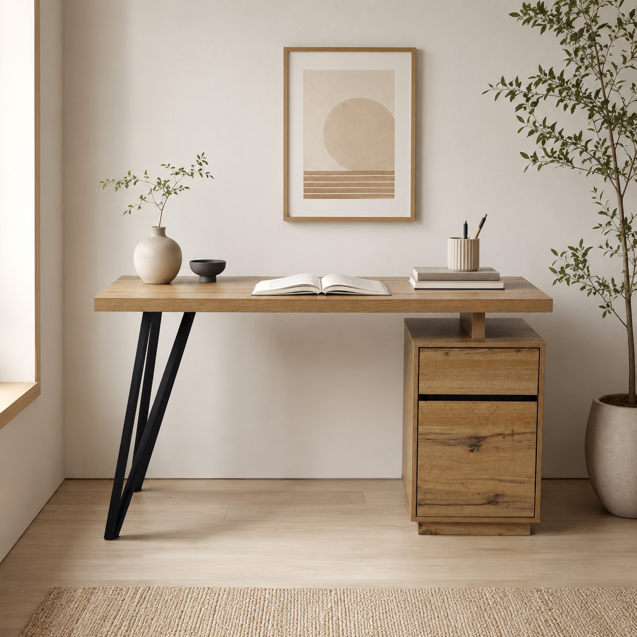 Zynix Oak Woodgrain Computer Desk with 2-Drawer Cabinet