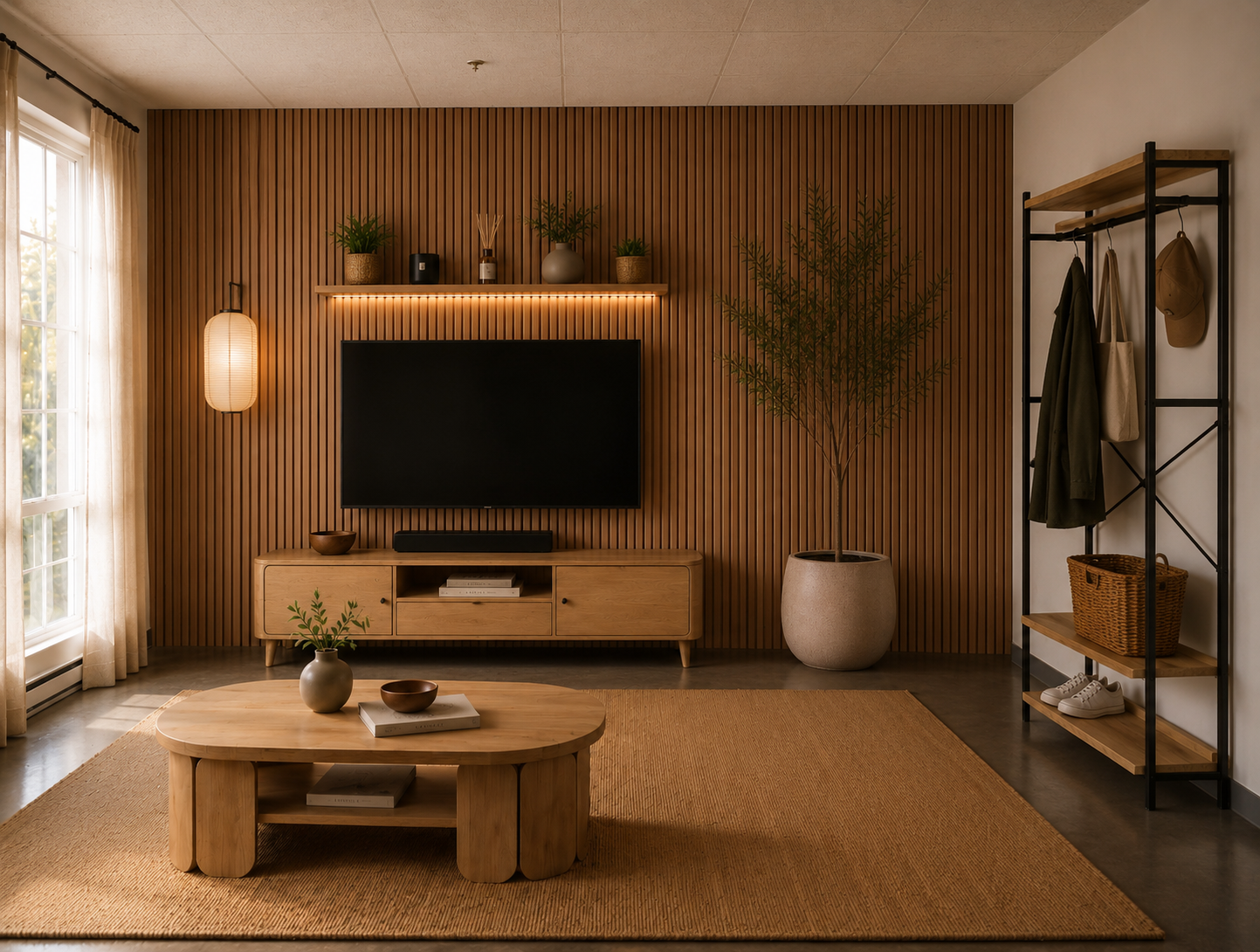 Modern living room with wooden furniture, TV, and decorative plants.