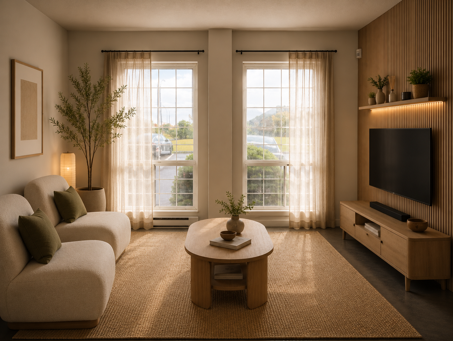 Modern living room with beige sofa, coffee table, and TV stand.