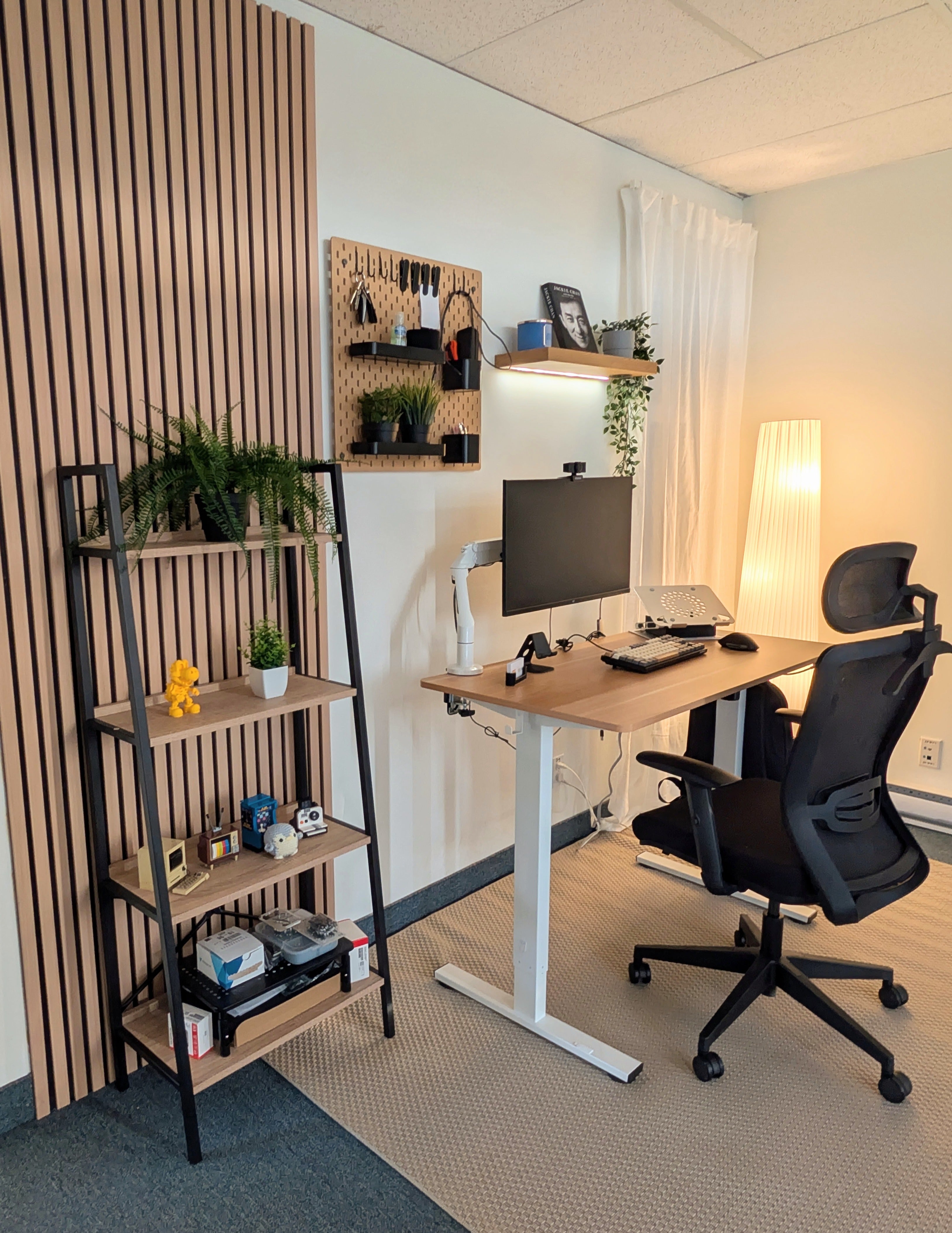 Home office setup with a desk, chair, and shelves.