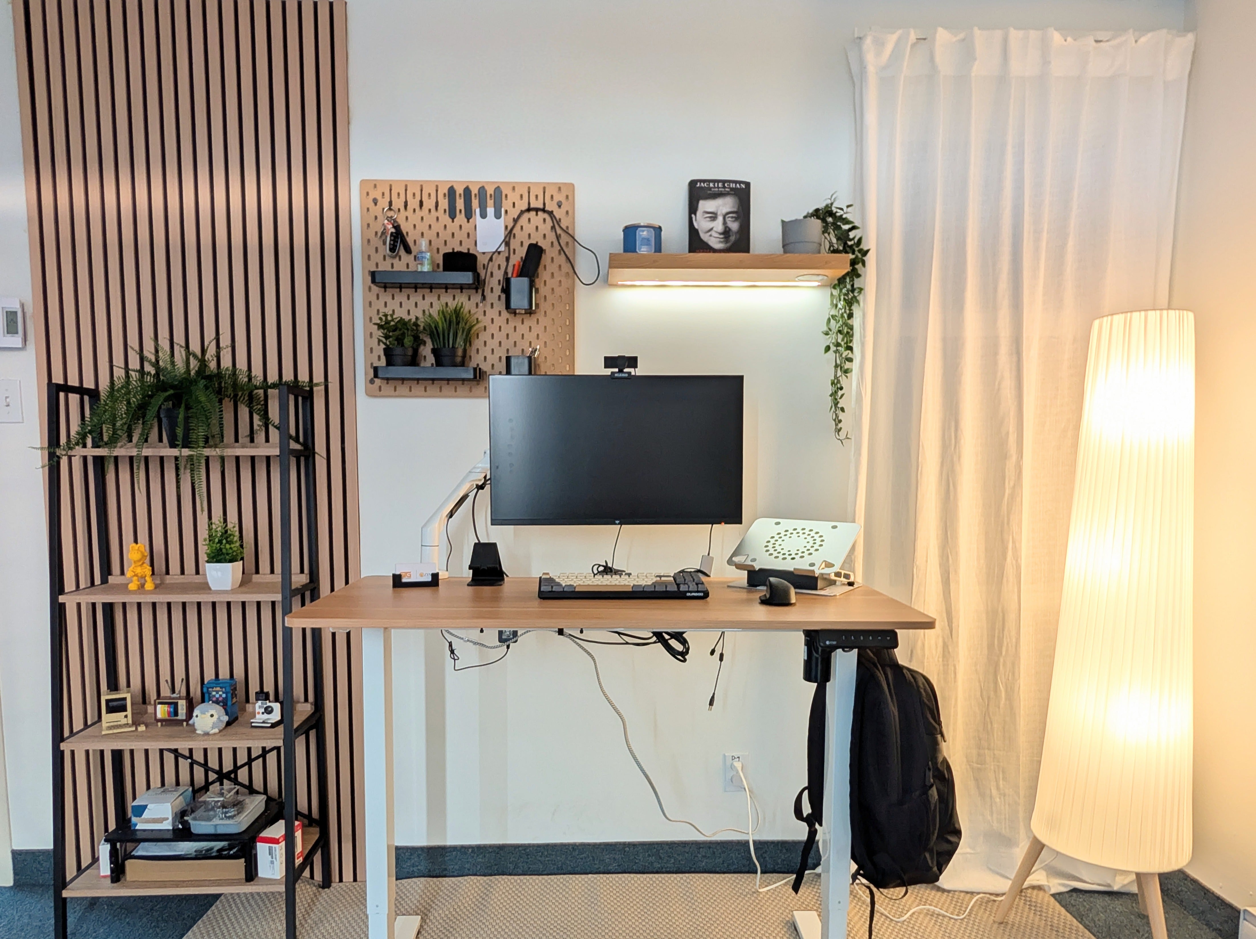 Modern home office with a standing desk, computer setup, and decorative elements.