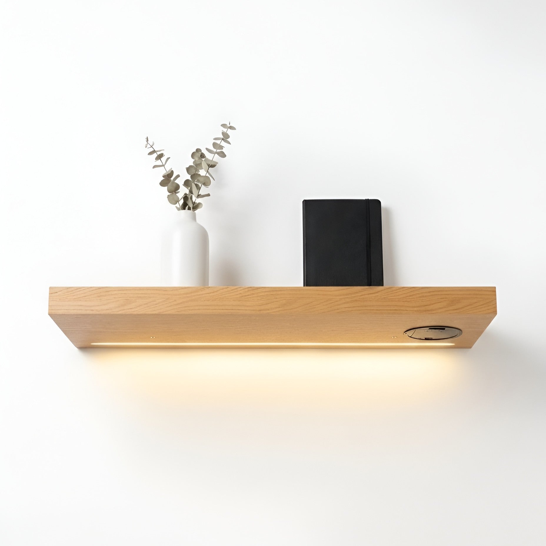 Wooden shelf with a black speaker and plant on a white background