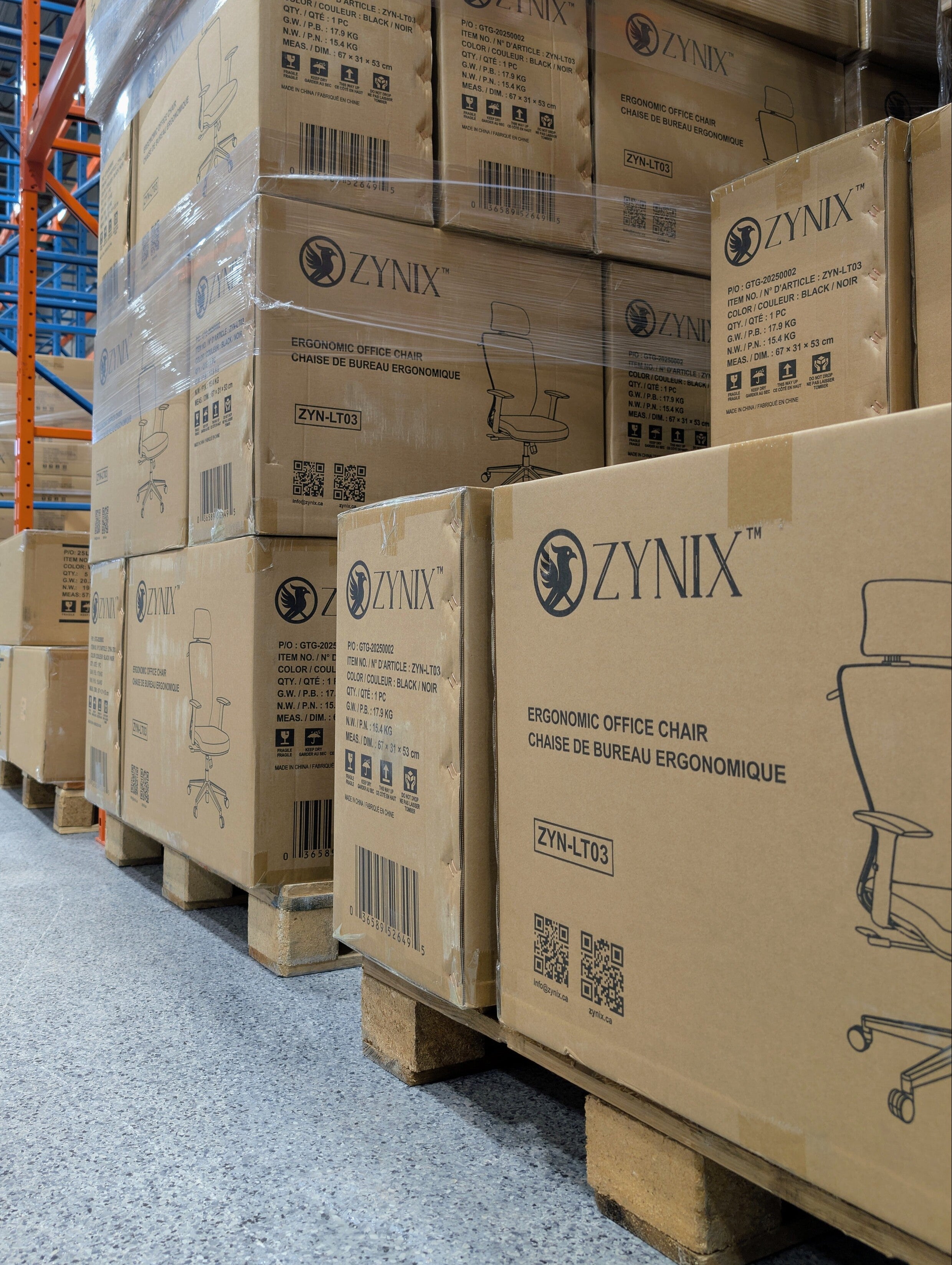 Stacks of Zynix branded boxes in a warehouse setting