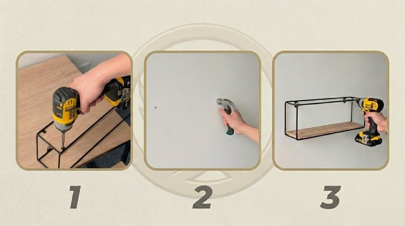 Step-by-step assembly of a shelf with tools and hands in each frame.