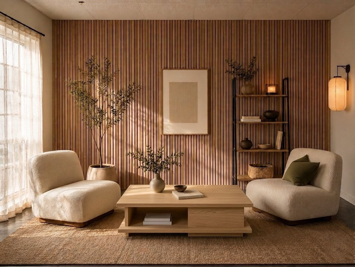 Modern living room with beige chairs, wooden coffee table, and striped wall.