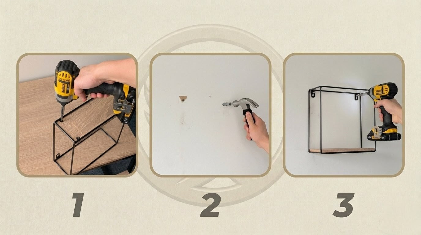 Step-by-step assembly process with tools and components on a beige background