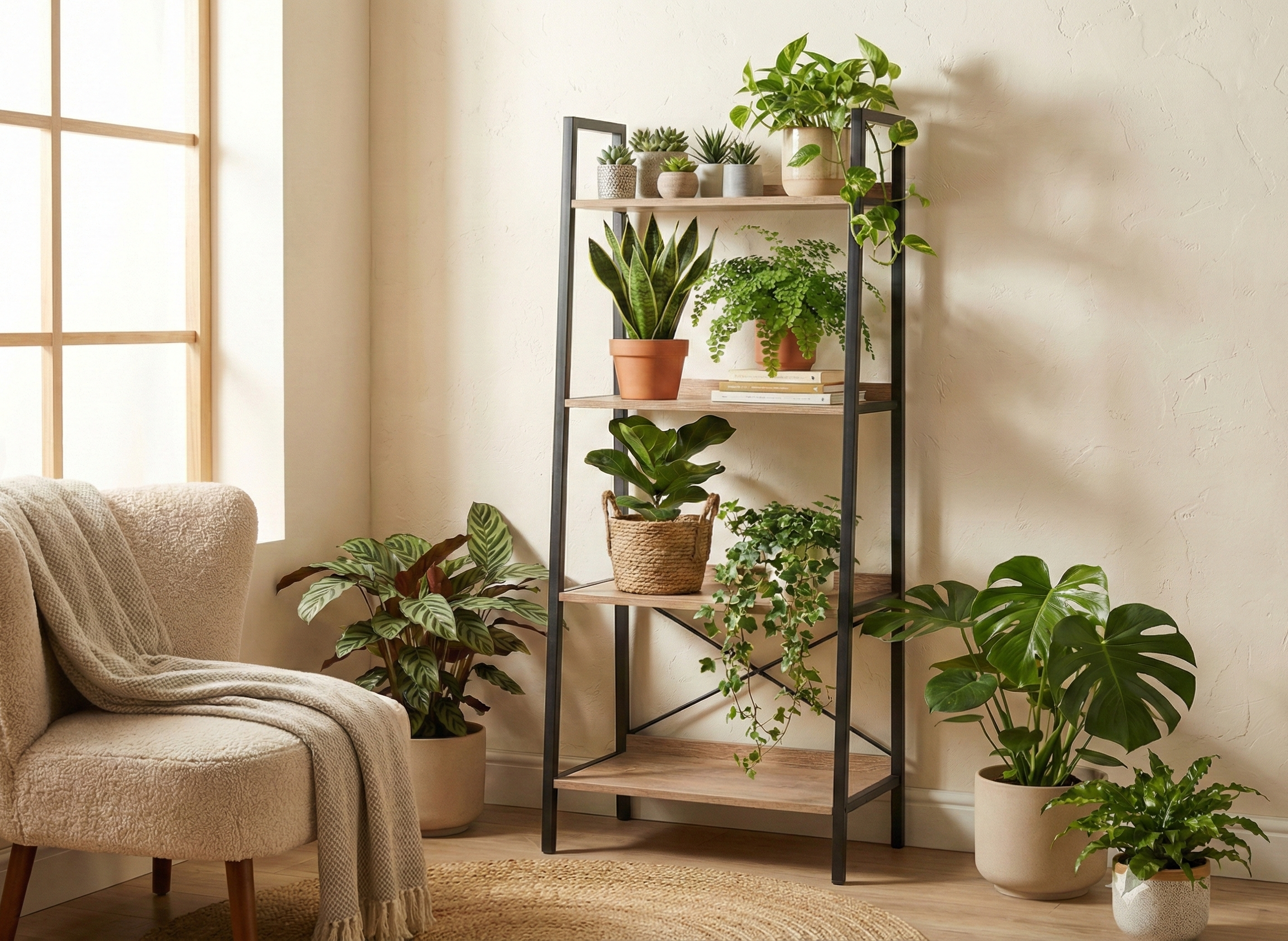 Room interior with a bookshelf and various potted plants on a light wooden floor.