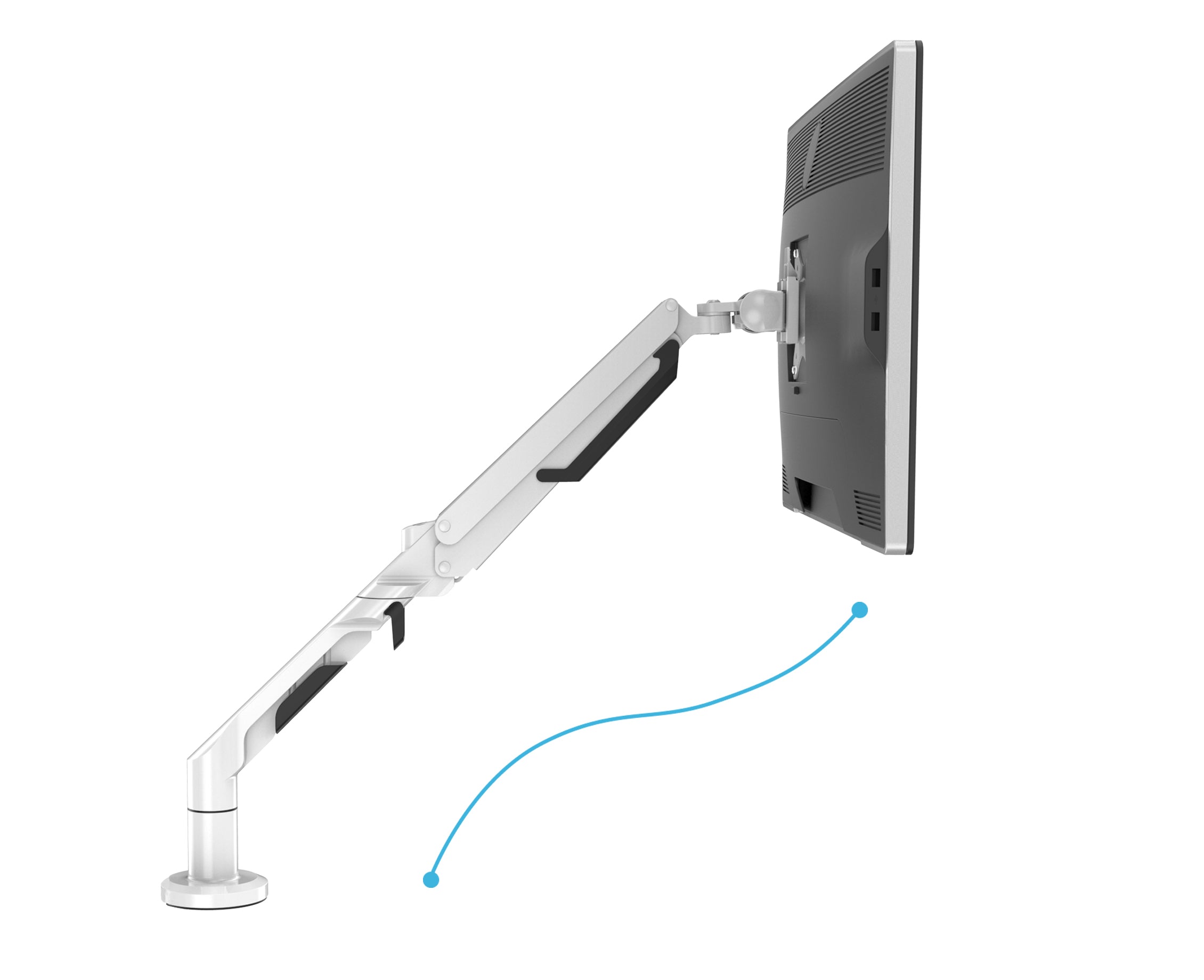 Monitor arm with a monitor on a white background