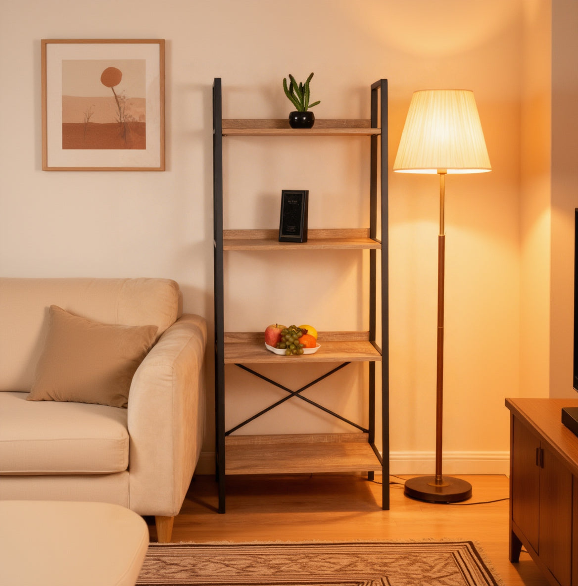 Wooden shelf with decorative items in a living room setting
