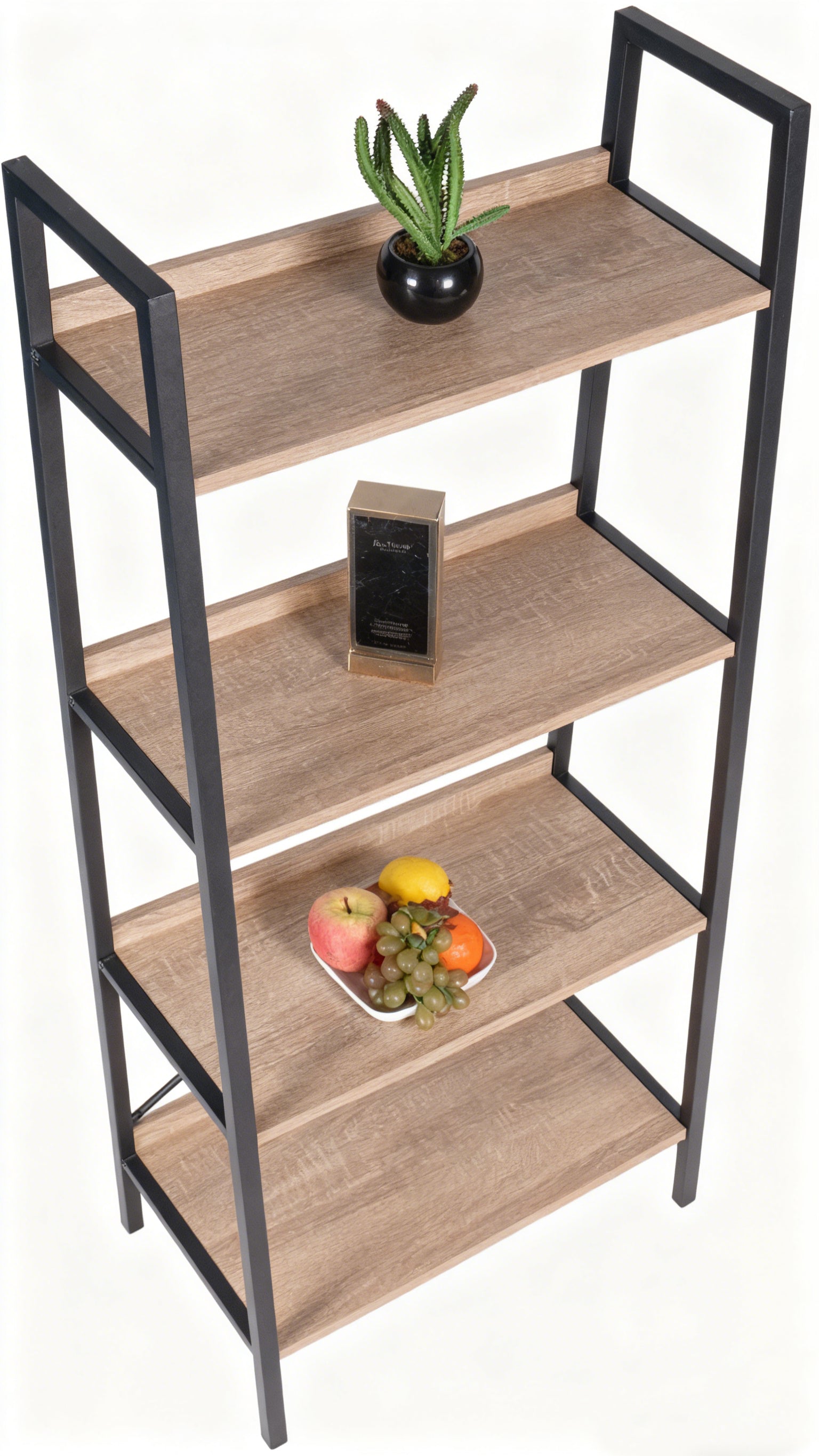 Four-tiered shelf with wooden shelves and metal frame, displaying a plant, phone, and fruit bowl.