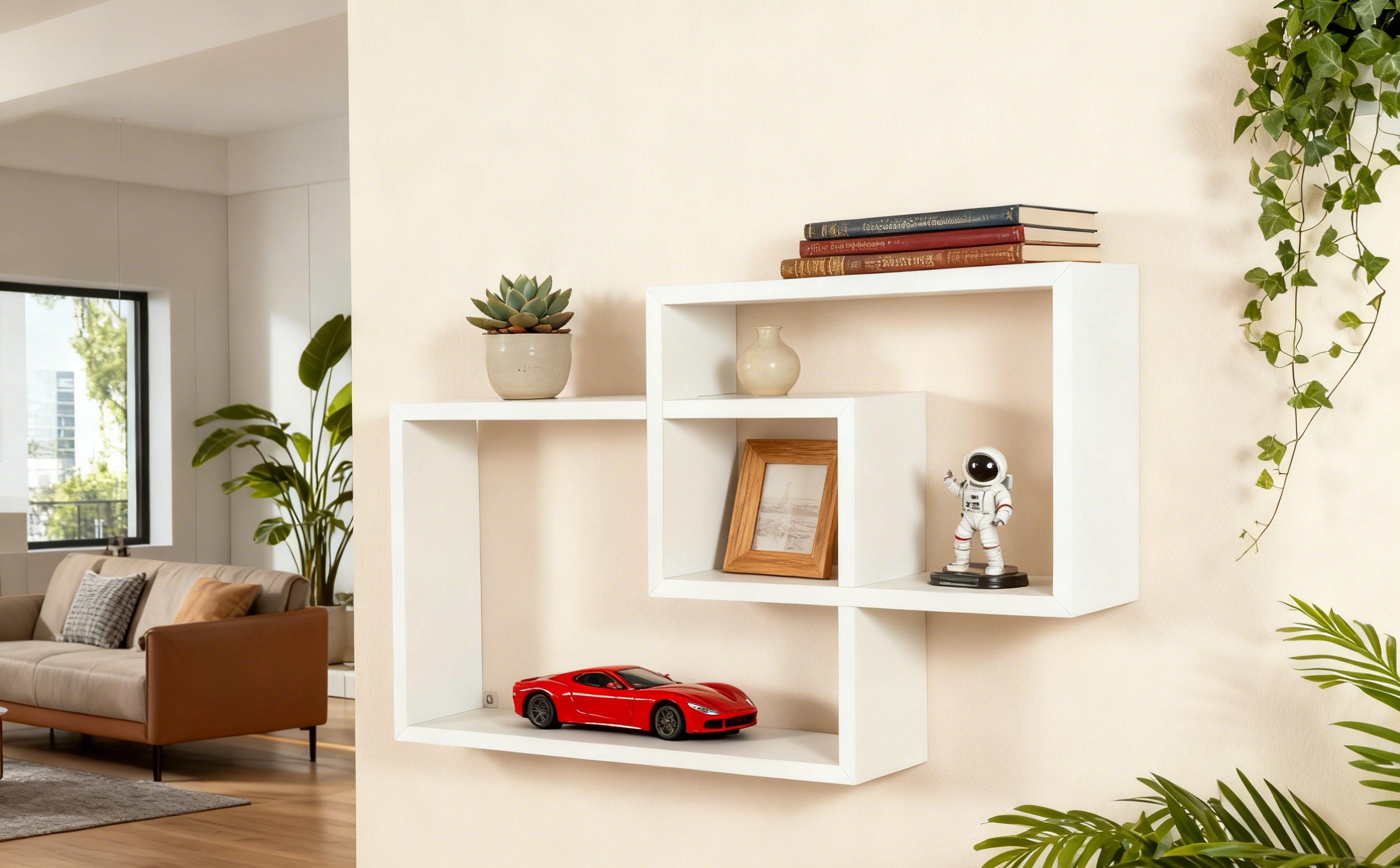 White wall shelf with decorative items in a living room setting