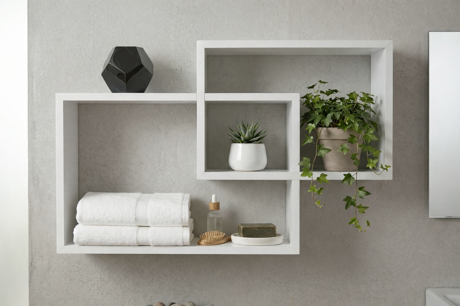 White wall shelves with folded towels, plants, and decorative items against a gray wall.