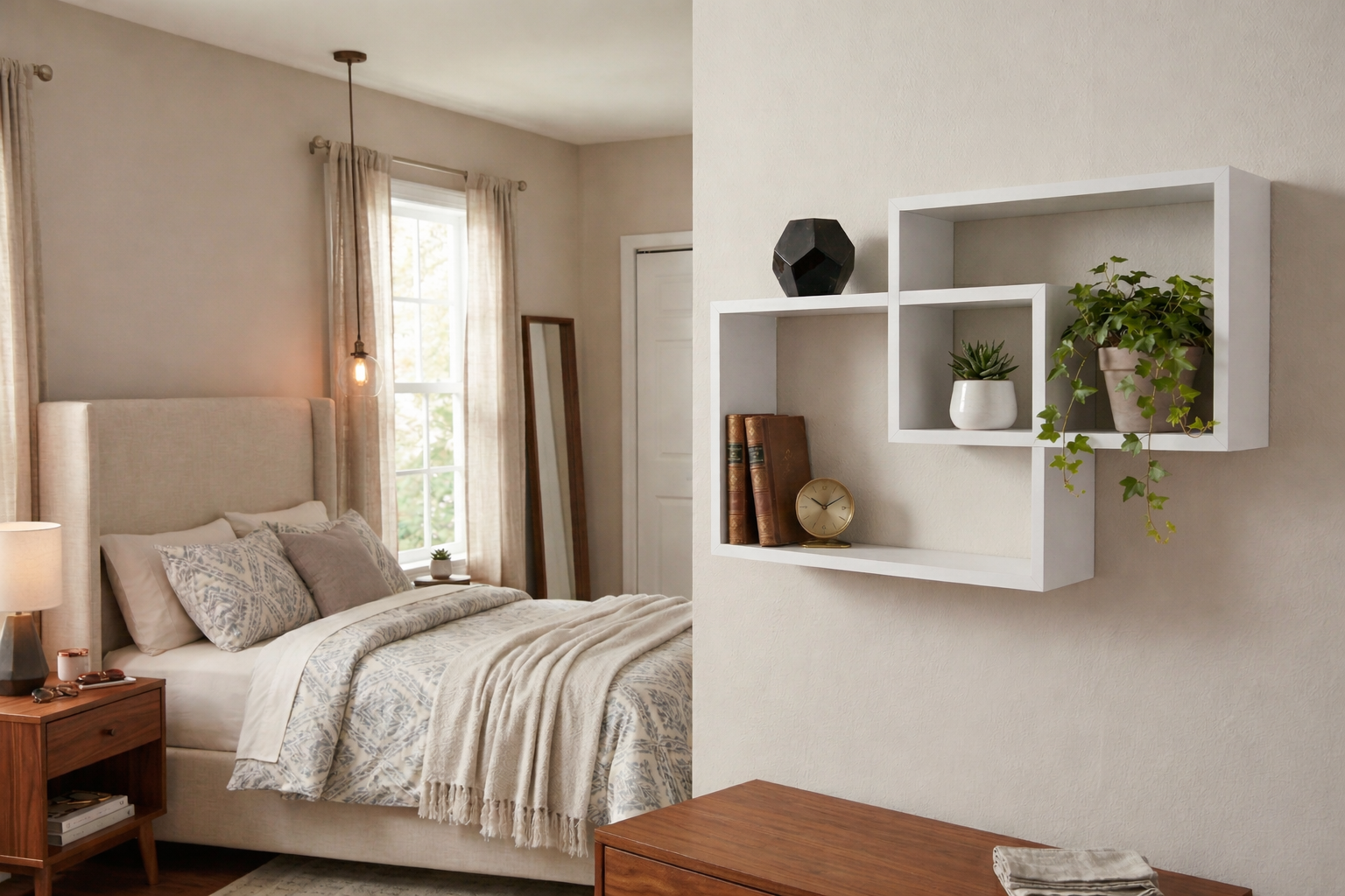 Modern bedroom with a bed, shelves, and decor