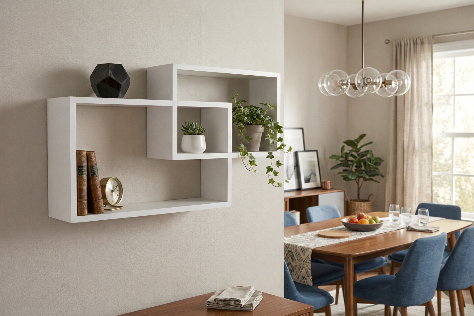Dining room with white wall shelves, plants, and a table set for a meal.