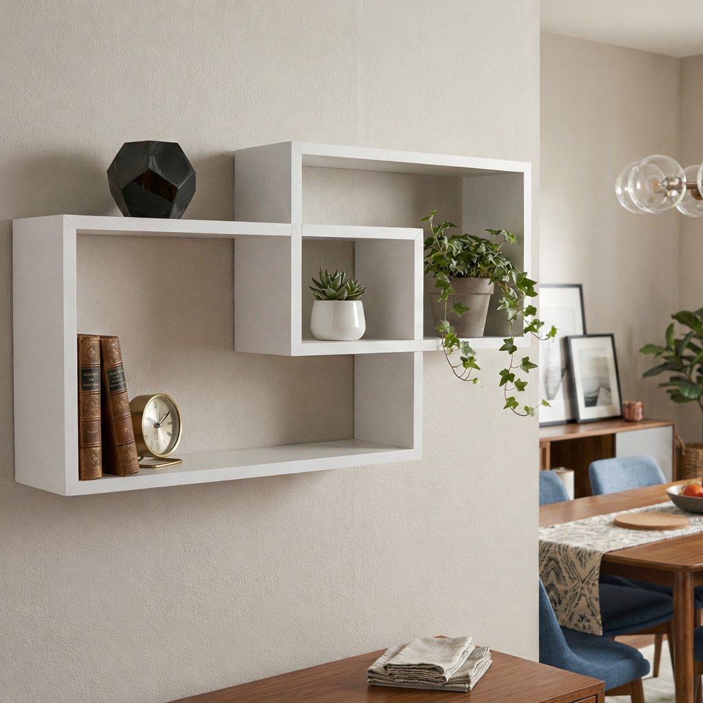 Dining room with white wall shelves, plants, and a table set for a meal.