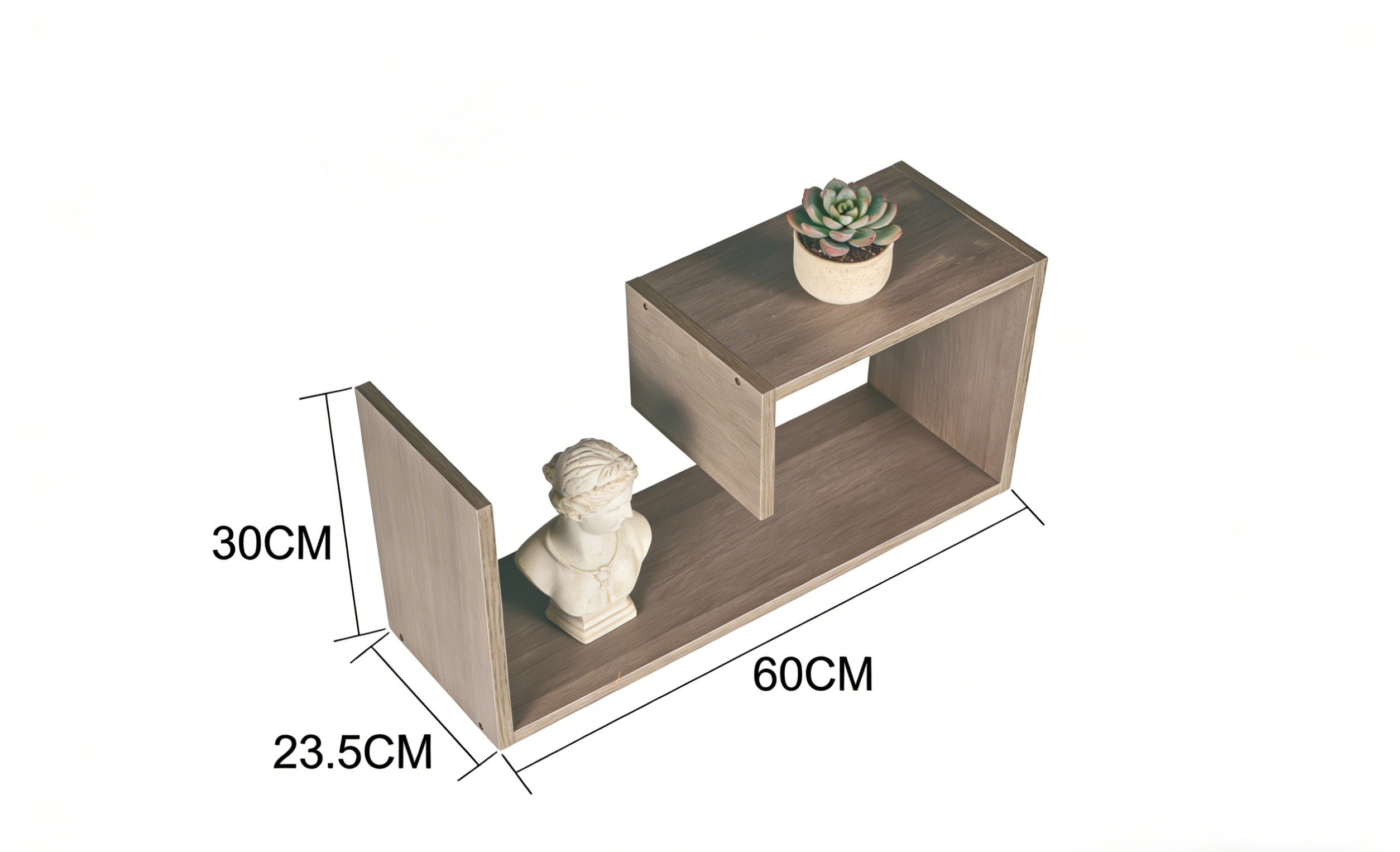 Wooden side table with measurements on a white background