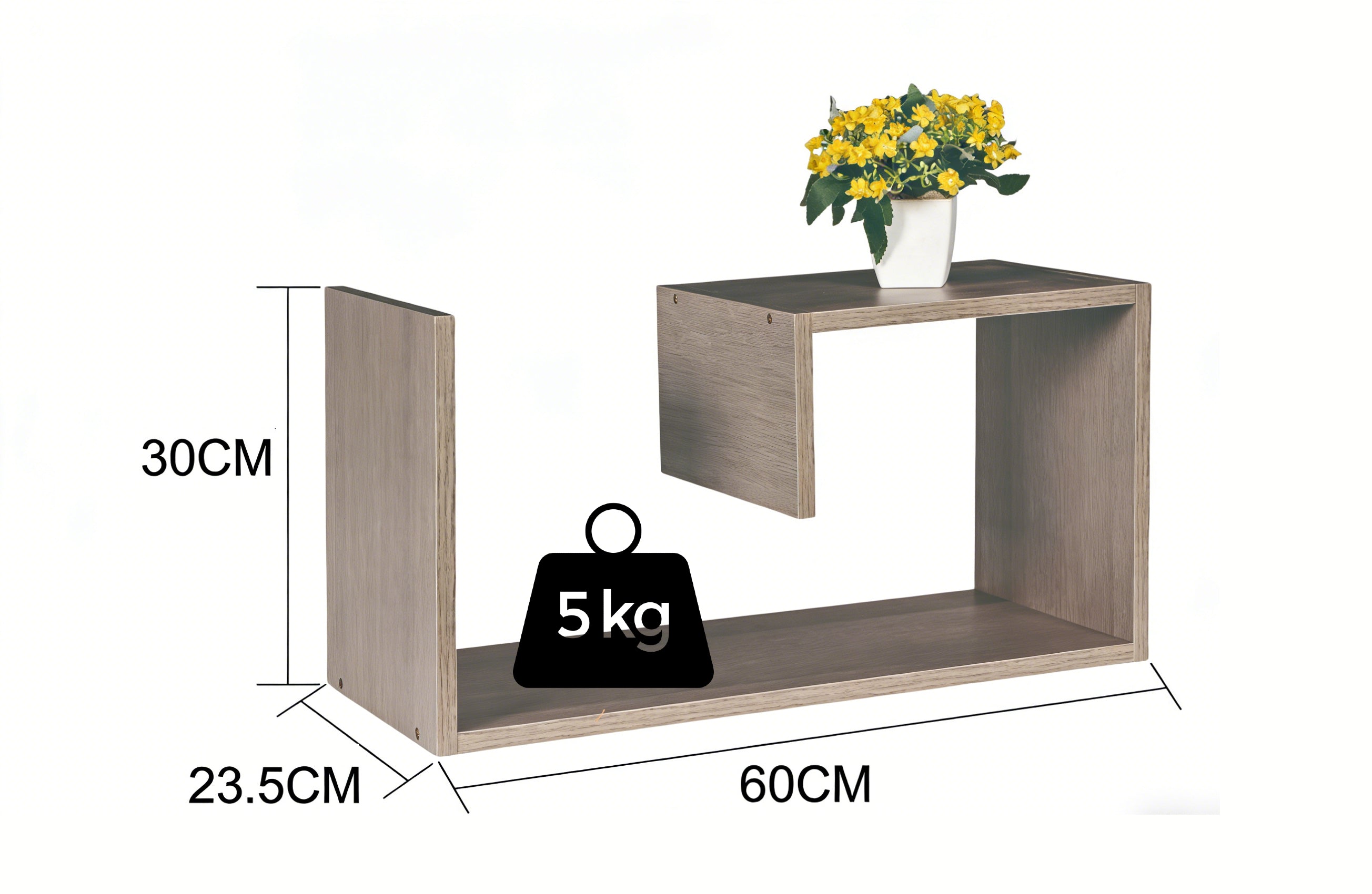 Wooden table with dimensions and weight label on a white background