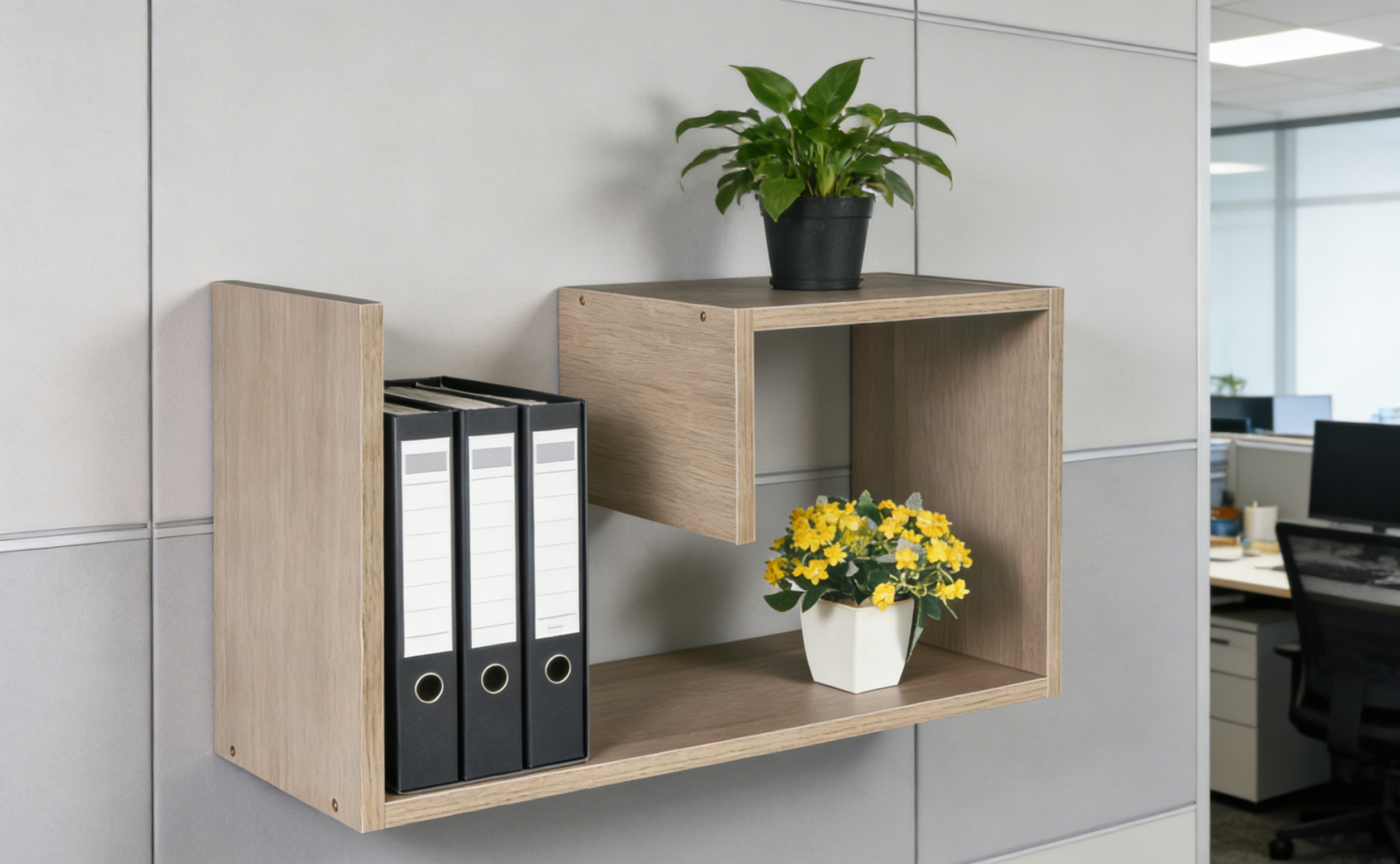 Wooden wall-mounted shelf with office items against a tiled wall.