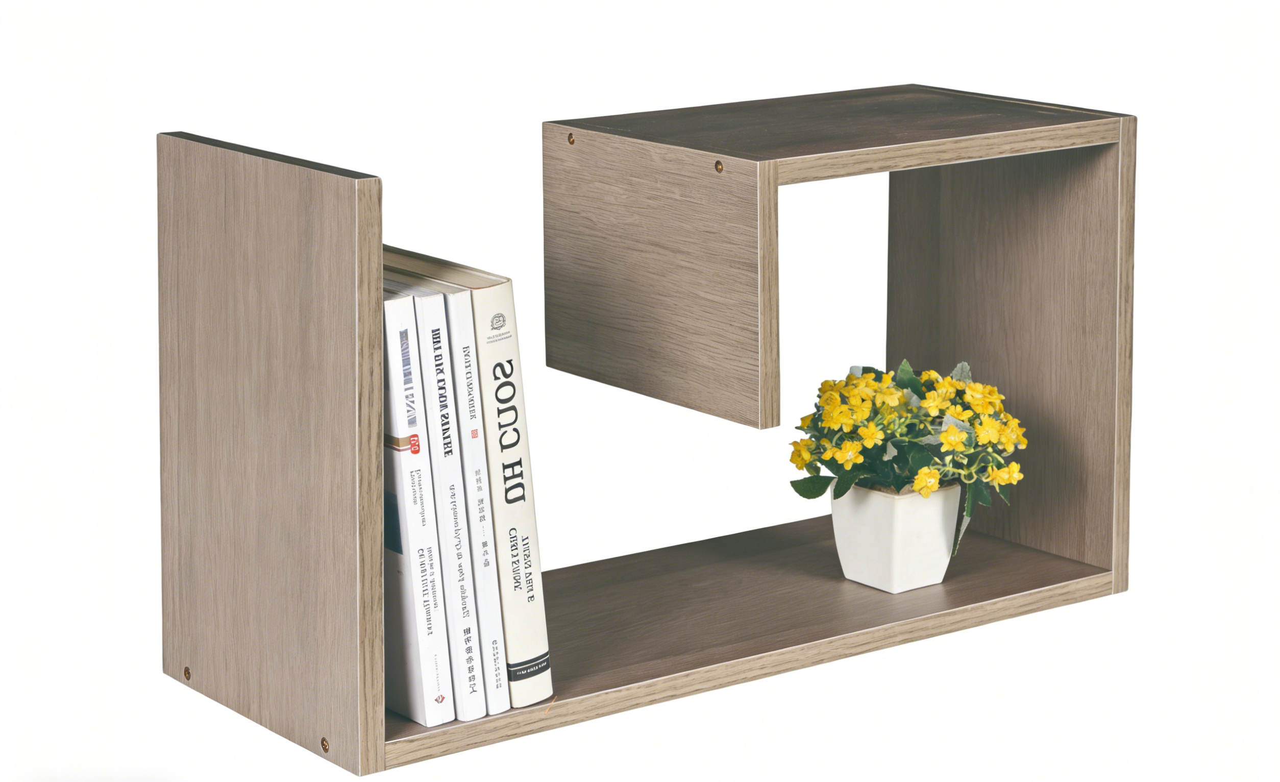 Wooden bookshelf with books and a potted plant on a white background