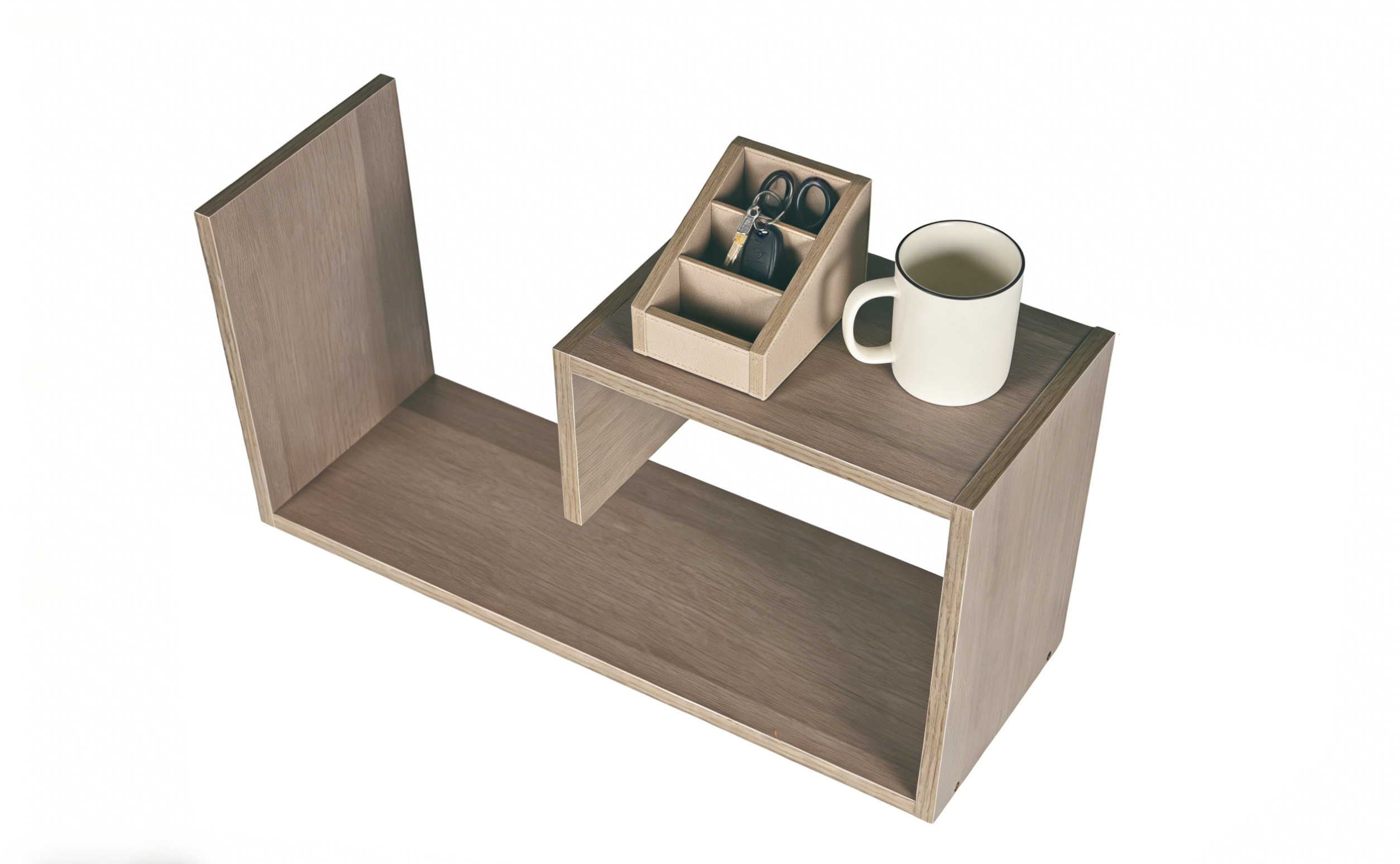 Wooden side table with a shelf and small table section, featuring a mug and decorative items.