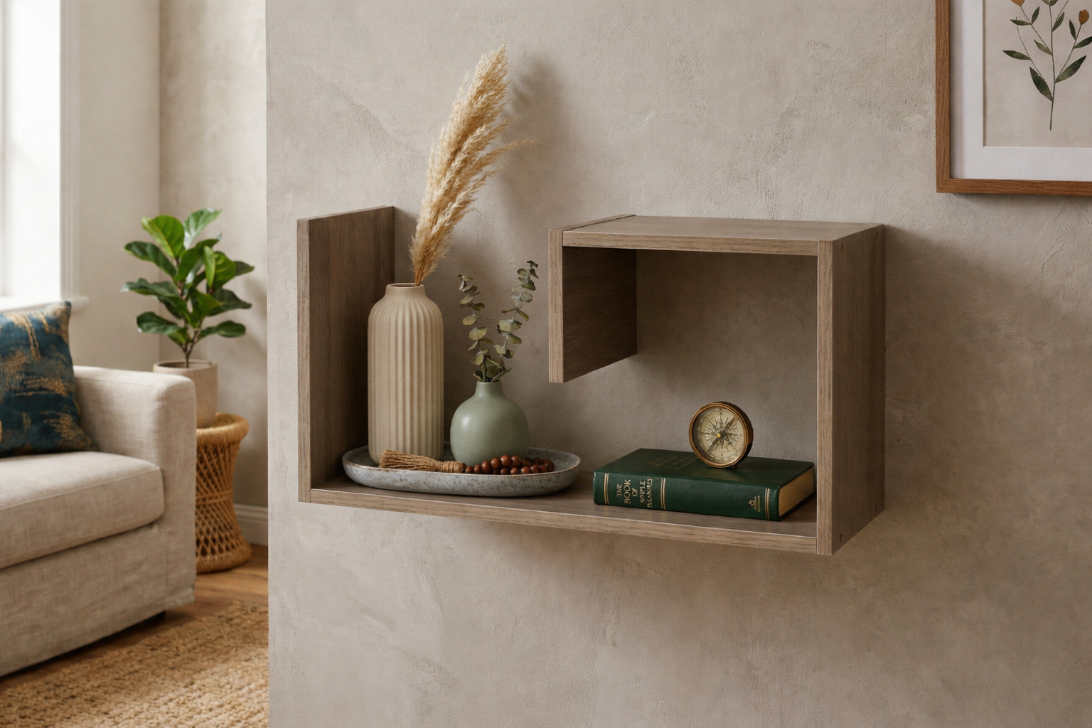 Niche wall shelf with decorative items in a living room setting