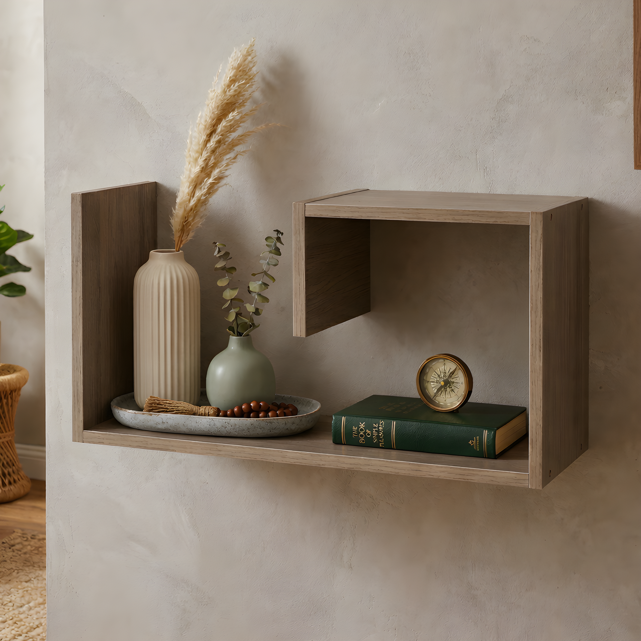 A light brown wooden floating wall shelf mounted on a textured beige plaster wall, styled with a ribbed ceramic vase, a small green vase with eucalyptus, a decorative tray, a green book, and a brass compass.