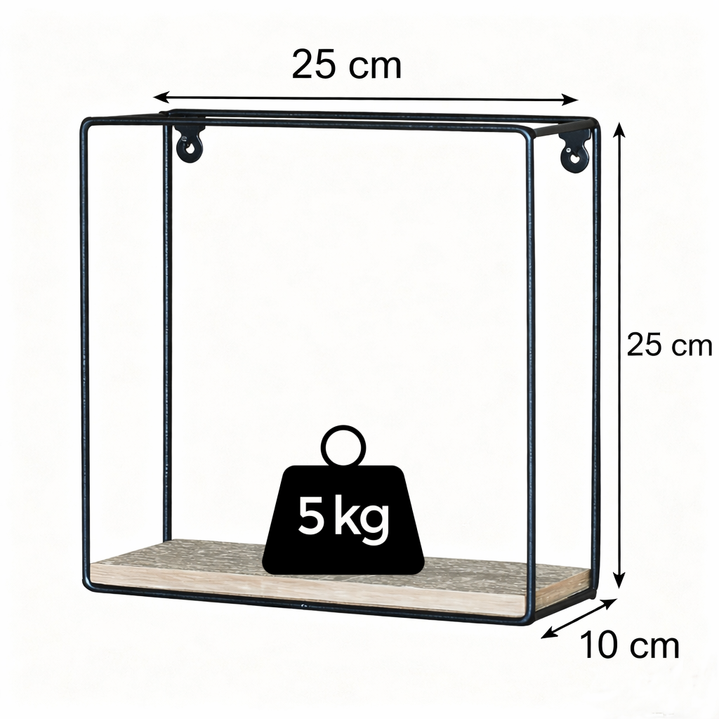 Wall-mounted shelf with dimensions and weight capacity indicator