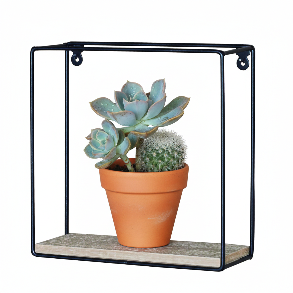 Small wall shelf with a pot of succulents on a white background